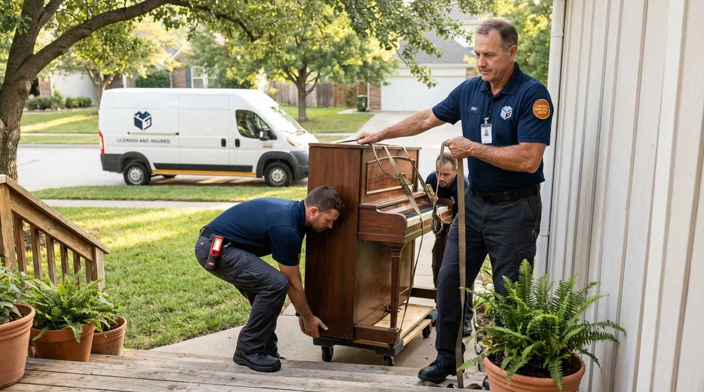 Licensed piano movers securing grand piano in Assumption, IL