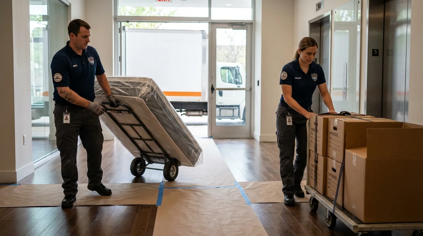 Professional apartment movers loading elevator in Assumption, IL